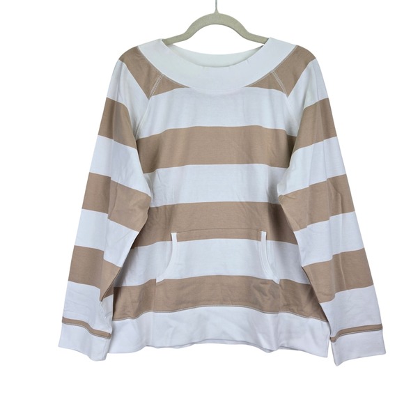Orvis Womens Tan White Striped Cotton Pullover Lightweight Sweatshirt Minimalist - Picture 1 of 6